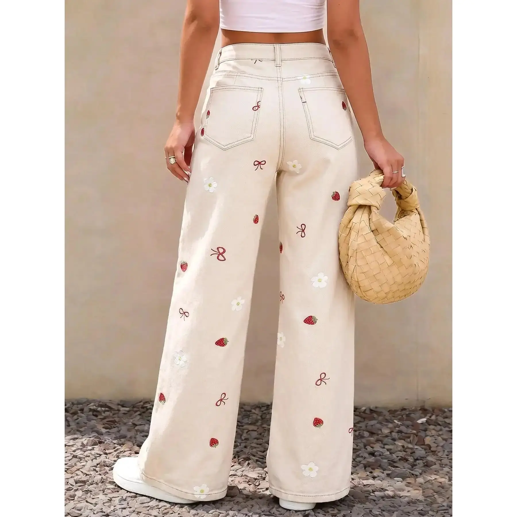 Women Casual Strawberry Bow Print Wide Leg Jeans Kawaii Cute Floral Loose Everyday Trendy 2026