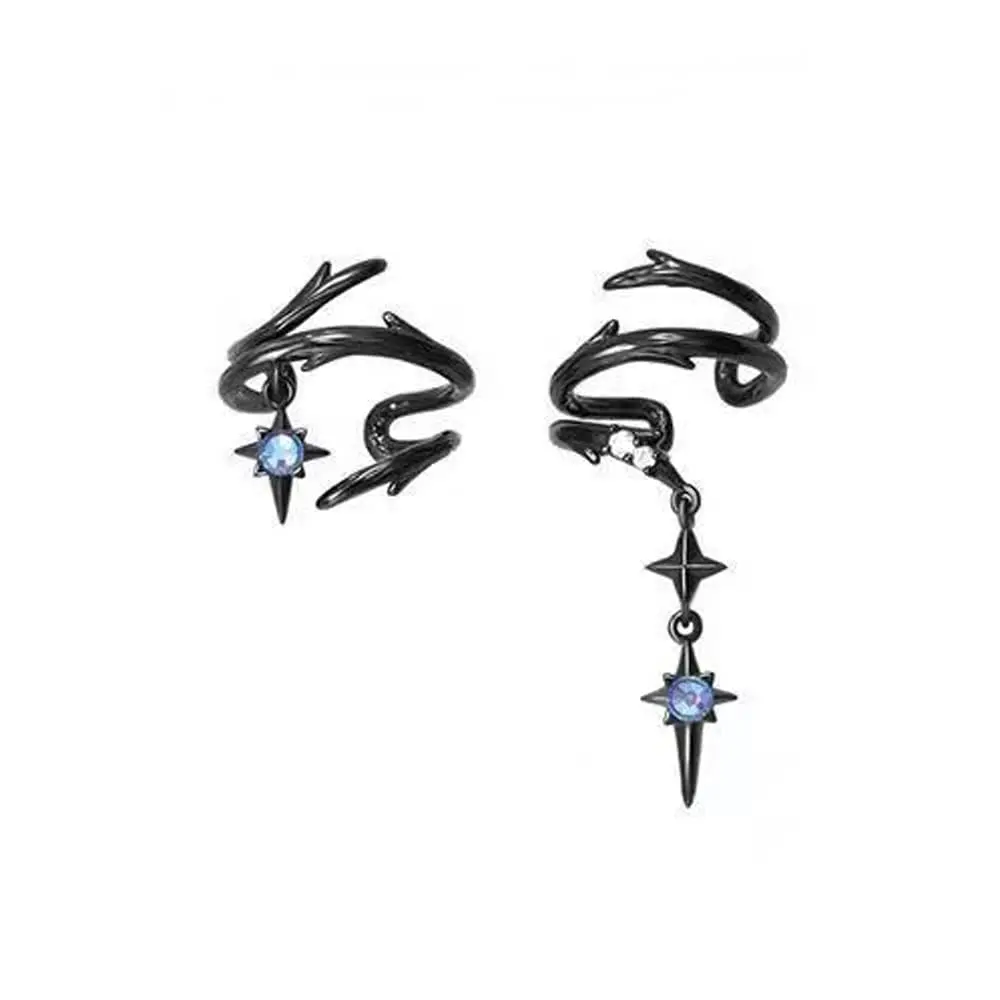 Goth Black Ear Cuff For Women No Piercing Needed Punk Ear Wrap Y2k Edgy Gothic Ear Cuff For Egirl Blue Star Zirconia Dark Aesthetic Vintage Grunge Statement Girly Accessory Witchy Vamp Vibe Ear Clip On Alternative Adjustable Stackable Comfortable Jewelry