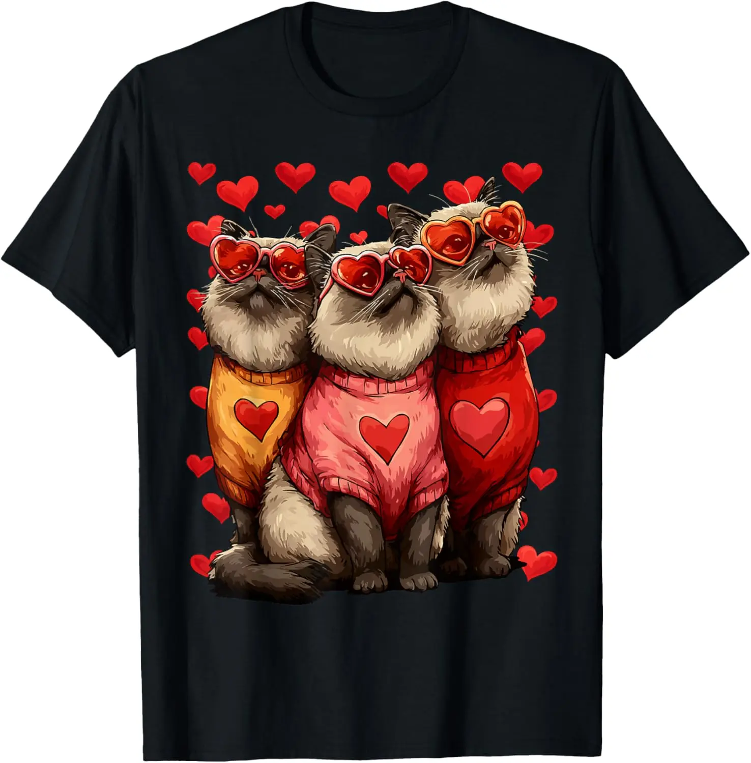 Women's Casual 100% Cotton Distressed Short-Sleeve Crew Neck Graphic T-Shirt - Funny Siamese Cats in Heart Sunglasses Print, Vintage Valentines Day Cute Everyday Top