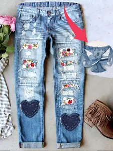 Women's Patch Ripped  Distressed Stretchy Waistband Boyfriend Unique Geometric Patchwork Print Mid-Waist Jeans Fitted Denim Pants Woman's Casual Daily Wear Comfy for All Season