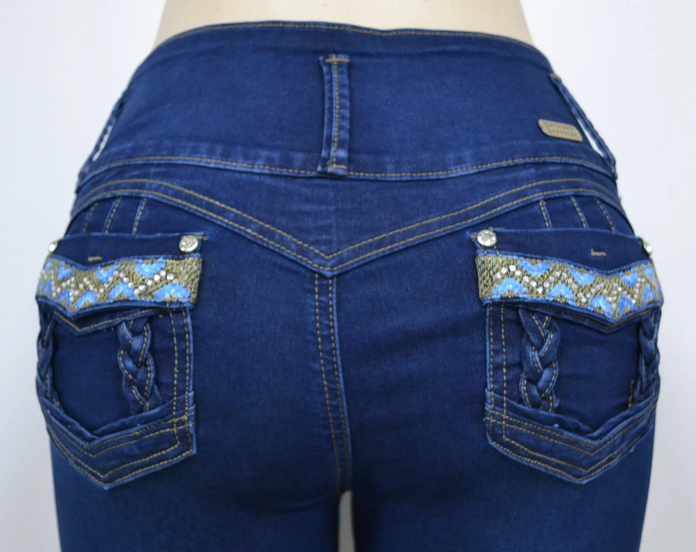 USC-F025 Sexy Bohemian Braided Butt Lifter Levante Cola Jeans Push Up Blue with Rhinestone Buttons & Faux Pockets Women's Bottoms All Seasons Denim Pants