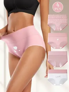 4-Pack Pink Girly Print Briefs, Women, Heart&Valentine's Day Exclusive, Polka Dot & LOVE Prints, High-Stretch Non-Binding, Breathable Crotch for Extra Comfort, Full Coverage Snug Fit, Perfect for Sleep/Work/Yoga, Sizes S-XL, Soft Comfy Panties