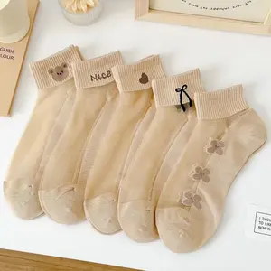 5 Pairs Women’s Spring Summer Sheer Crystal Mid-Calf Socks, Cotton Sole Moisture-Wicking Breathable Cartoon Ins Style