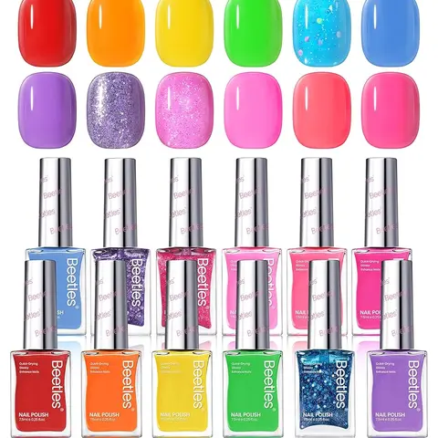 Beetles Glossy Nail Polish Set - Quick Dry Summer Nail Polish Kit Hot Pink Green Blue Yellow Red Regular Air Quick Dry Fingernail Polish Pack for Women Gift Beetles Cocktails Manicure Coverage  #TikTokShopBacktoSchool Neon Cutics Daily Cosmetic Wipe
