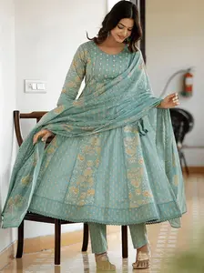 Green Floral Printed Pure Cotton Anarkali Kurta With Dupatta For Women