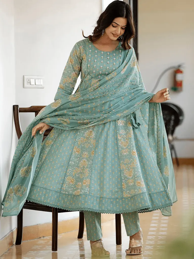 Green Floral Printed Pure Cotton Anarkali Kurta With Dupatta For Women