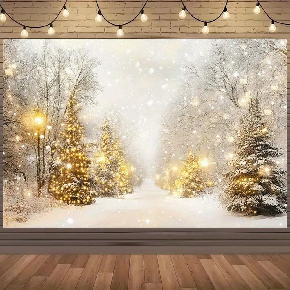 1pc Durable Polyester Printed 2D Flat Backdrop - Magical Snowy Pathway, Fir Trees, Glowing Lights - Christmas Photography, Winter Event Decor Banner, Home Festive Supplies