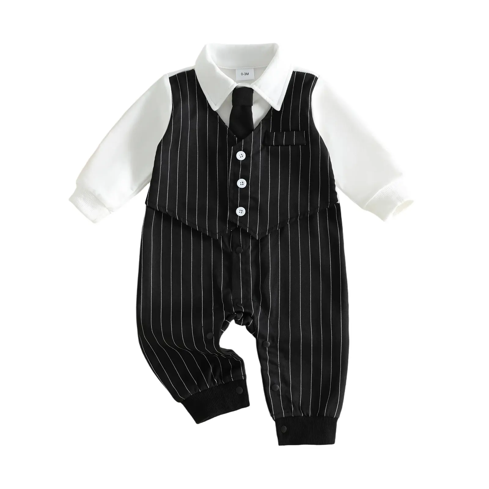 Baby Boy Halloween Long Sleeve Romper, Pinstriped Faux Two-piece Collared Button Up Jumpsuit, Casual Fall Outfit