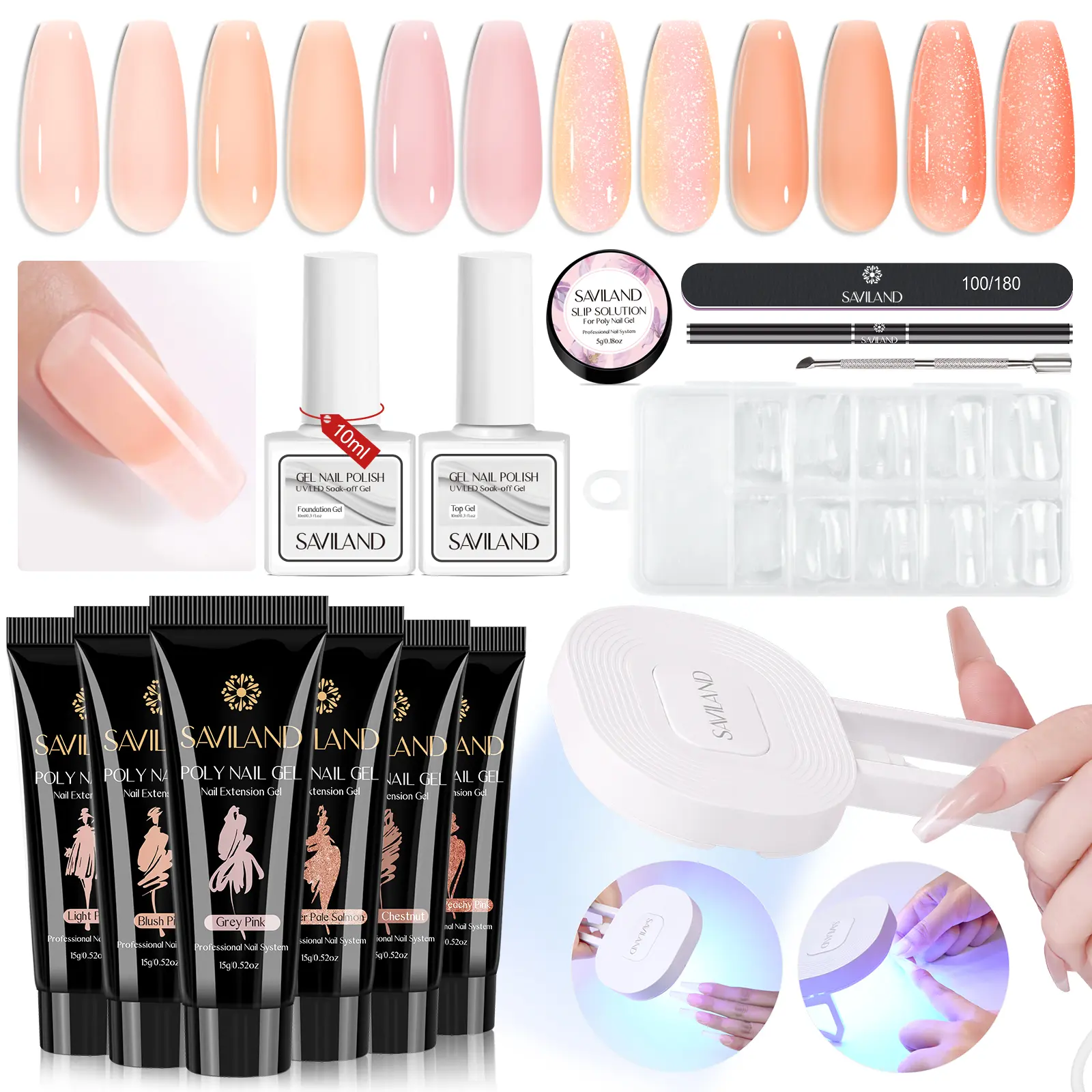 Saviland Poly Gel Nail Kit with Nail Lamp - 6 Colors Nail Extension Gel with Base & Top Gel & Handheld U V Light for Nails Art Tools Glitter Gold Clear Poly Nails Gel for French Manicure Starter Kit