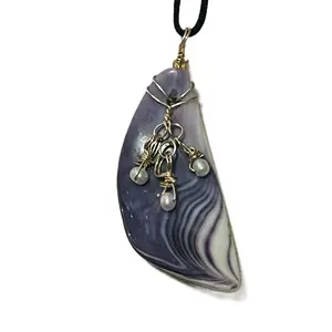 Polished New England Clam Seashell Pendant with Seed Pearl Accents Gold Tone Copper Wire Warp for Unique Jewelry