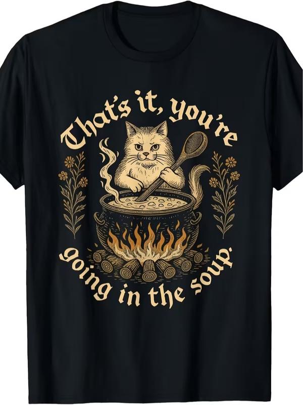 Designed for Teenagers Retro Witch Cat Medieval T-Shirt Vintage That'S It You'Re Going in The Soup Graphic Tee Suitable for Casual Wear Themed Events Machine Washable Apparel with Iconic Witch Cat for Halloween, For Teenager