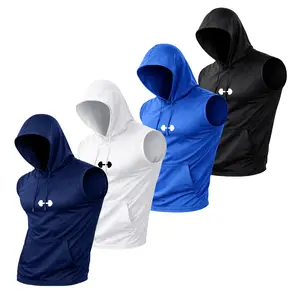 4 pack men’s printed sleeveless hooded fitness shirts—quick drying, cool feel; suitable for running, gym training, outdoor activities, and camping.