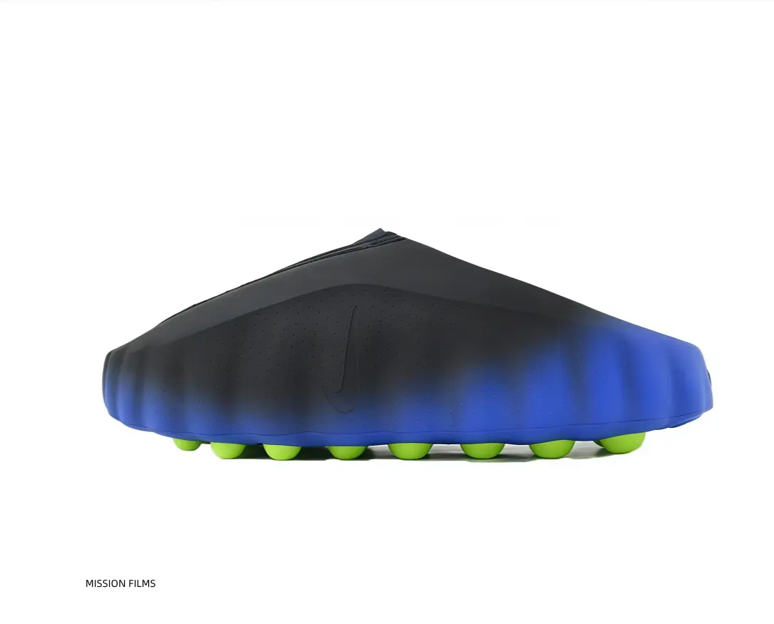 Unisex Black Blue Gradient Hollow Perforated Clogs, Breathable Mesh Upper, Chunky Non-Slip Green Stud Outsole, Sleek Slip-On Mule Sandals For Beach, Shower, Walking & Daily Streetwear