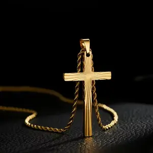 14K Gold Plated Stainless Steel Cross Pendant Necklace Adjustable 3mm Rope Chain 18-26 Inches for Men Women Minimal Modern Style Gift