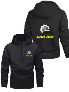 Men's Fashionable Can Am Logo Jacket, Casual Zip Pocket Design, Loose Fit Hooded Outerwear, Polyester Material, Spring & Fall Wear