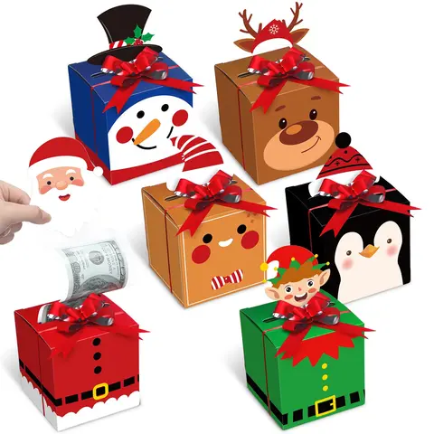 12 Pcs Christmas Money Gift Box Cash Gift Envelopes for Cash Pop Up Cash Holder with Festive Bows Clear Seal Bags Santa Pattern for Friends Wives Sisters,DIY Surprise Merry Pull Box Kit Christmas Holiday Birthday Party Supplies, D
