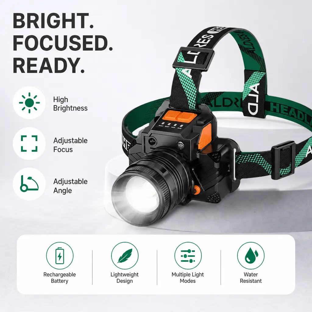 Multi-Functional Focusable LED Headlight, USB Charging Long-Lasting Head Torch, Comfort Adjustable Strap & Waterproof Shell, Practical Outdoor Lighting Gear for Hiking, Construction Work and Night Trips