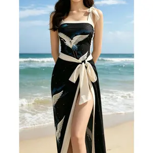 2026 Women's Crane Print One-Piece Swimsuit, Black & Ivory Color Block Square Neck with Tie Shoulder Straps, Tummy Control Bathing Suit with Matching Long Sarong Cover-Up, 2-Piece Swimwear Set for Beach & Vacation