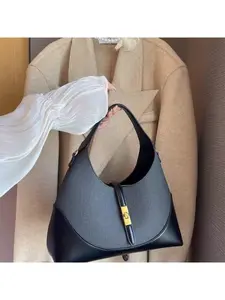 Women's  Hobo Bag - Textured Fabric & Leather Patchwork Crescent Bag with Gold Lock, Vintage Work Shoulder Bag