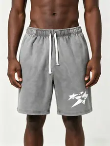 Men's Casual Street Style Cotton Shorts 100% Cotton Knit Fabric Loose Fit with Drawstring Vintage Washed Print Design Hip-Hop Letter Pattern Cute Shorts for Easter Music Festival Mother's Day Gifts Menswear Distressed