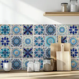 Blue Mandala Vinyl Tile Stickers 10 Pack 5.9x5.9in Self-adhesive Bathroom Kitchen Wall Decoration Glossy Backsplash Easy Apply Unique Stylish Element