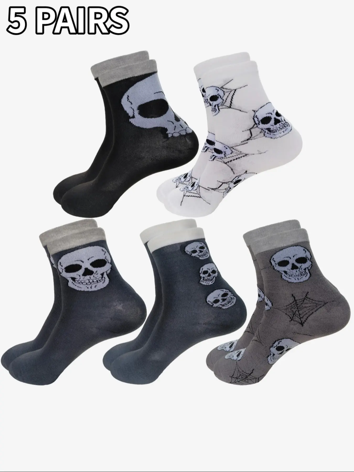 5 pairs of men's mid-calf socks, Halloween-themed skull pattern, soft and comfortable, suitable for everyday wear, street style, outdoor sports, basketball, and yoga. Mid-calf socks, retro style Socks Set