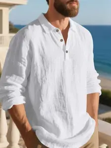 Men's Lightweight Linen Long Sleeve Casual Polo Shirt, Half Zipper Button Design, Breathable Comfort, Ideal for Beach Outdoor Activities Family Gatherings