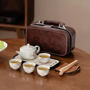 Ru Kiln Travel Tea Set, Portable One Pot Four Cups, Chinese Style Cultural and Creative Gift for Company Events