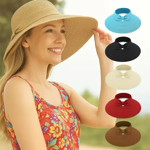 Women's Foldable Wide Brim Bamboo Straw Sun Hat - UV Protection, Breathable Sun Hats, Fits 22"-23.2", Travel-Light, Beach-Themed, Casual Beachwear, Adult Outdoor Headwear