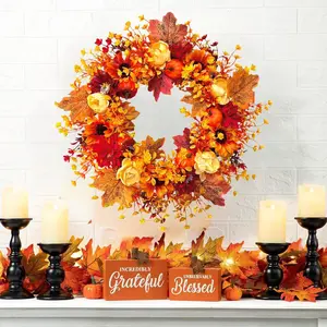 Autumn Wreath Hanging Decoration, Harvest Festival Maple Leaf Pumpkin Wreath Door Hanger, Thanksgiving Halloween Decorations