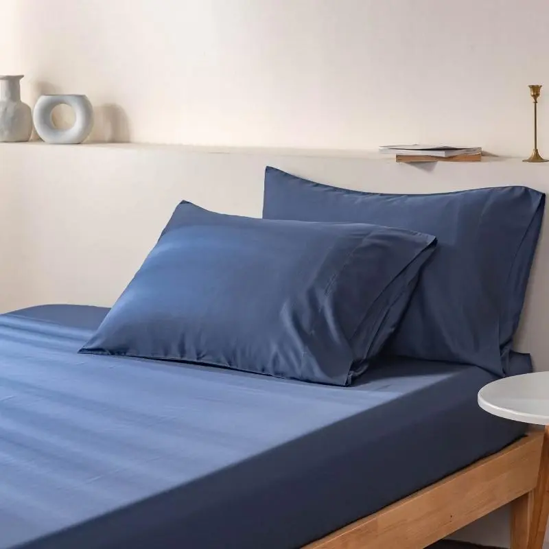 Bamboo Pillowcases 100% Viscose Soft Cooling 300 Thread Count Queen Size Navy Blue OEKO-TEX Certified Luxury Comfortable Durable Pillow Covers Solid Material