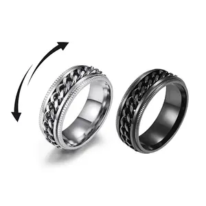 Anxiety Spinner Ring Stainless Steel Rotating Men's Ring Embossed Chain Fidget Band