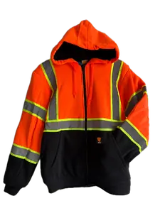 Men's Orange High Visibility Reflective WORK SAFETY ZIP UP Hoodie, Front Zipper, Reflective Stripes, Long Sleeve, Pullover Menswear Casual