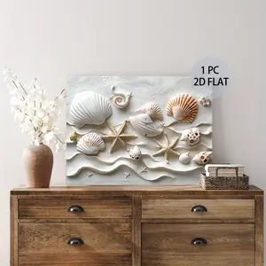 2D Flat Conch and Starfish Wall Art - Textured Canvas with Realistic Conch, Starfish, and Sandstone Design - Easy to Hang, Perfect for Home Decor or Gifts, Beach Theme Decoration|Textured Canvas Art|Easy Hanging Function, Navy Decoration