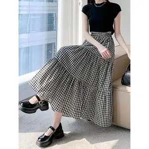 Patchwork Tiered Skirt Women 2025 Summer Vintage Checkered High Waisted Elastic Waist Slimming Midi Skir