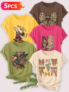 5pcs Women's Crew Neck T-Shirt, Western Cowboy & Butterfly Print, Multiple Colors Available, Machine Washable, Spring & Summer Top, Soft Skin-Friendly Fabric, Daily Versatile, Fashion Design, Womenswear
