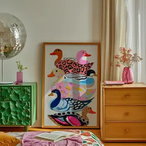 Colorful Ducks Art Print, Kitsch Animal Pattern Wall Decor, Quirky Decor Poster