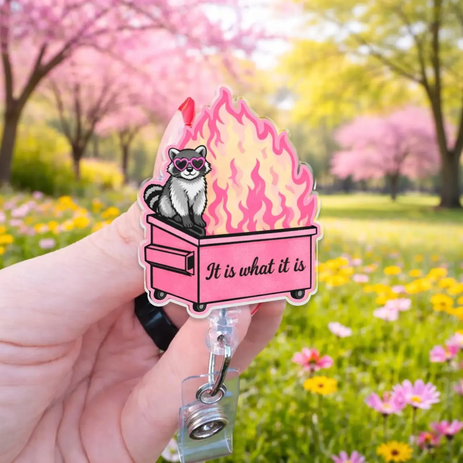Dumpster Fire Raccoon Badge Reel | Funny Trash Panda ID Holder, Nurse Accessory