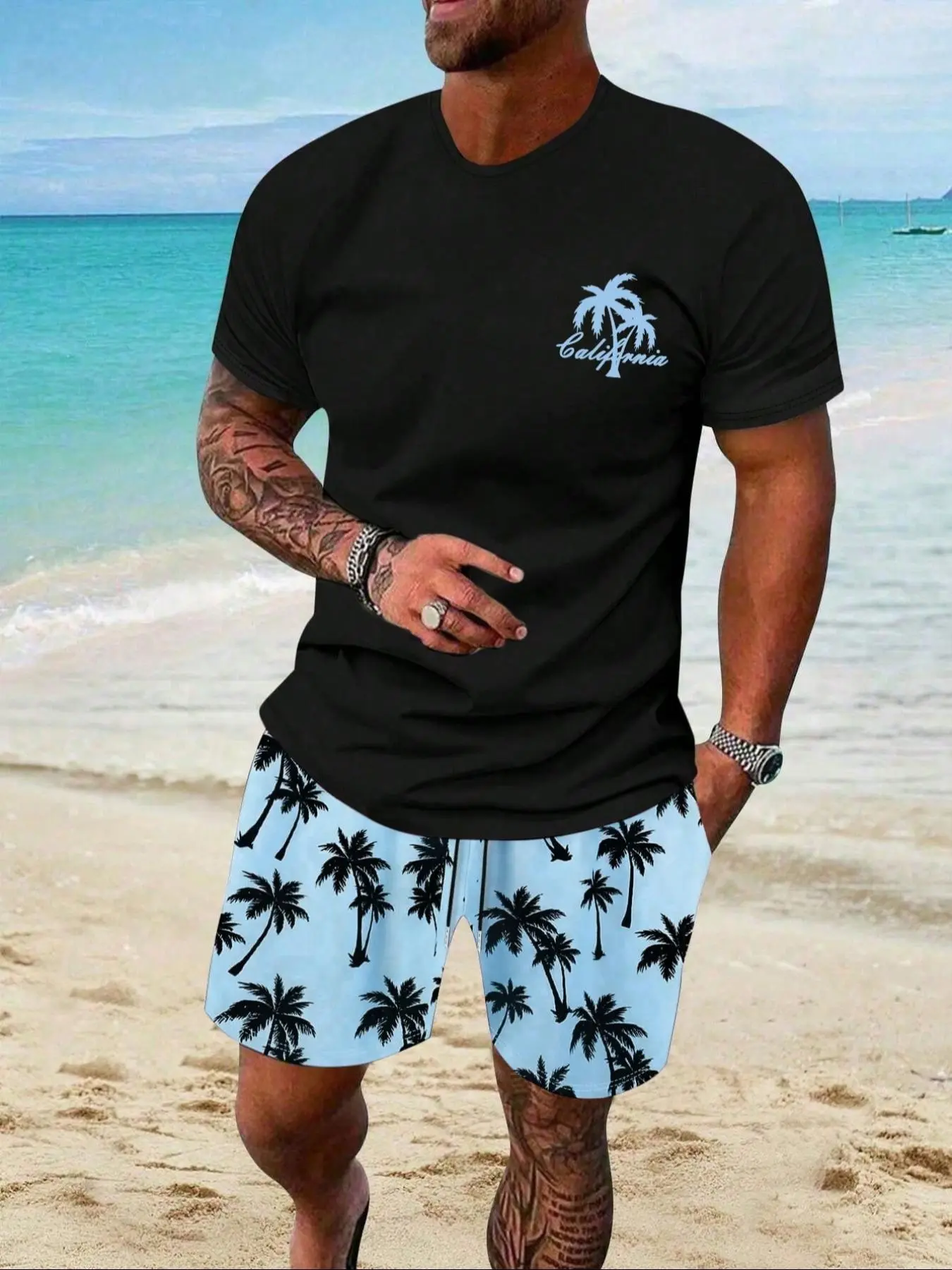 Summer Men's Waffle Set, Tropical Comfortable Breathable Aesthetic Fashion Casual Wear with Loose Fit Round Neck T-shirt and Shorts, Solid Color Clothes, Menswear