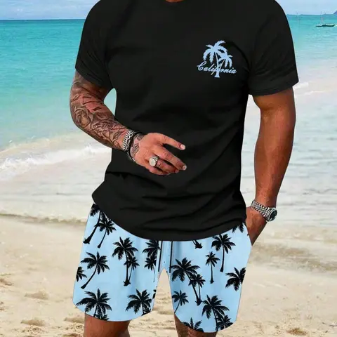 Summer Men's Waffle Set, Casual Clothing Set, Tropical Comfortable Breathable Aesthetic Fashion Casual Wear with Loose Fit T-shirt and Shorts, Solid Color Clothes, Menswear