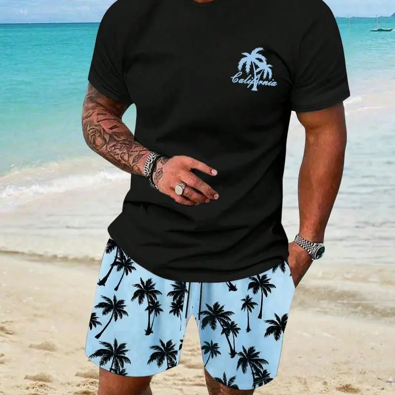 Summer Men's Waffle Set, Casual Clothing Set, Tropical Comfortable Breathable Aesthetic Fashion Casual Wear with Loose Fit T-shirt and Shorts, Solid Color Clothes, Menswear