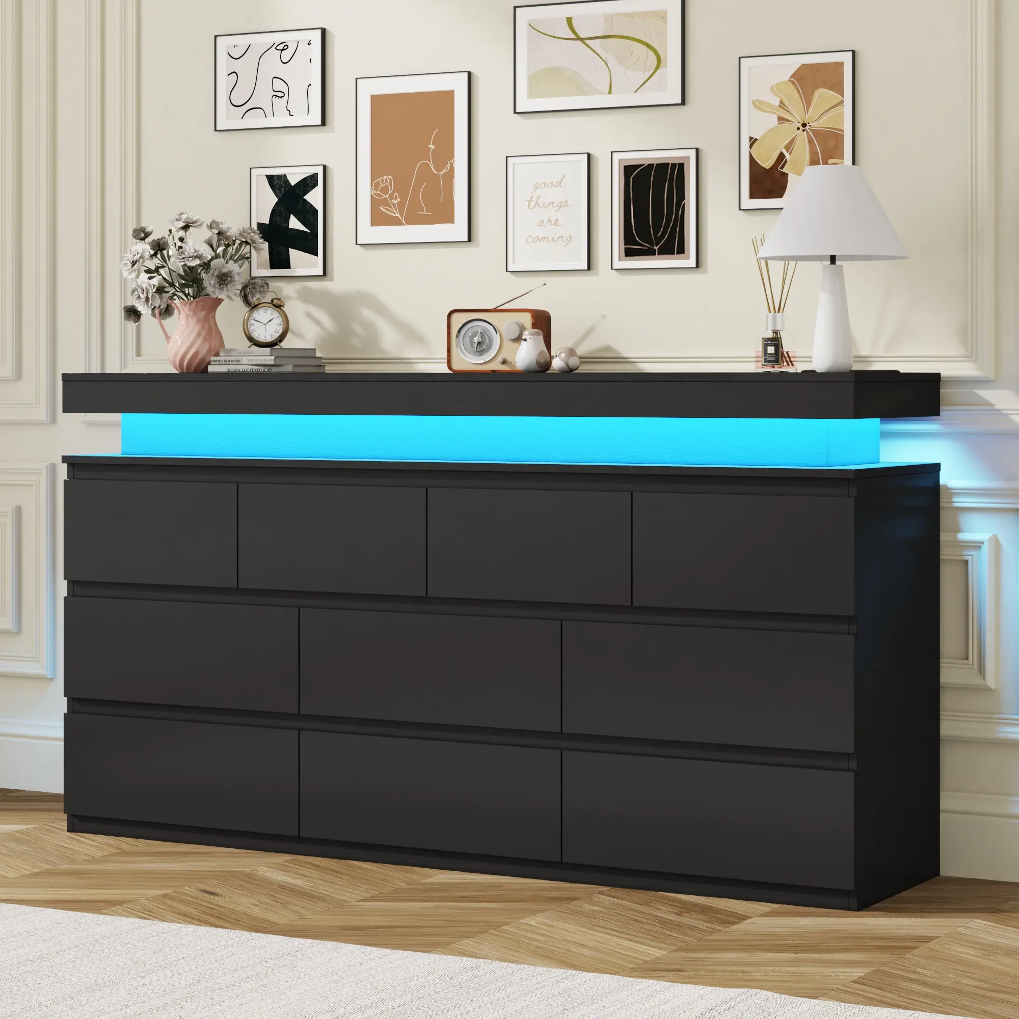 10-Drawer Modern Dresser Cabinet - LED Lighted, Charging Station, Wide Storage Chest for Bedroom, Living Room Organization, Drawer Dresser Cabinet, Led Lighted Drawer