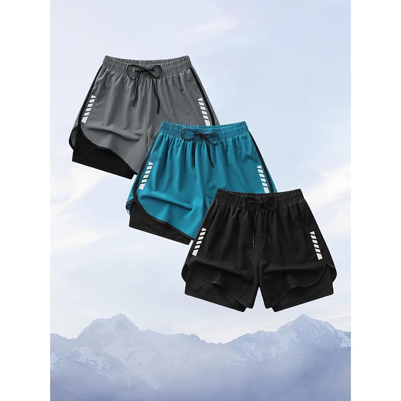 Unisex (Male, Normal Type) 3-Pack 2-In-1 Running Shorts - Nylon Polyamide Quick-Dry Breathable Lightweight Fabric, Adjustable Waist, Loose-Fitting, Slogan Print, Cold-Wash Safe, Ideal for Fitness Training, Outdoor Sports