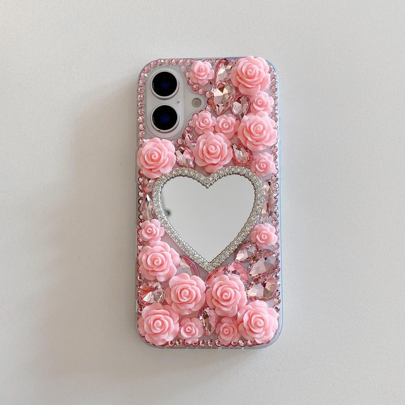 1pc Cardioid Mirror Pink Rhinestone Phone Case, Pink Flower Bright ...
