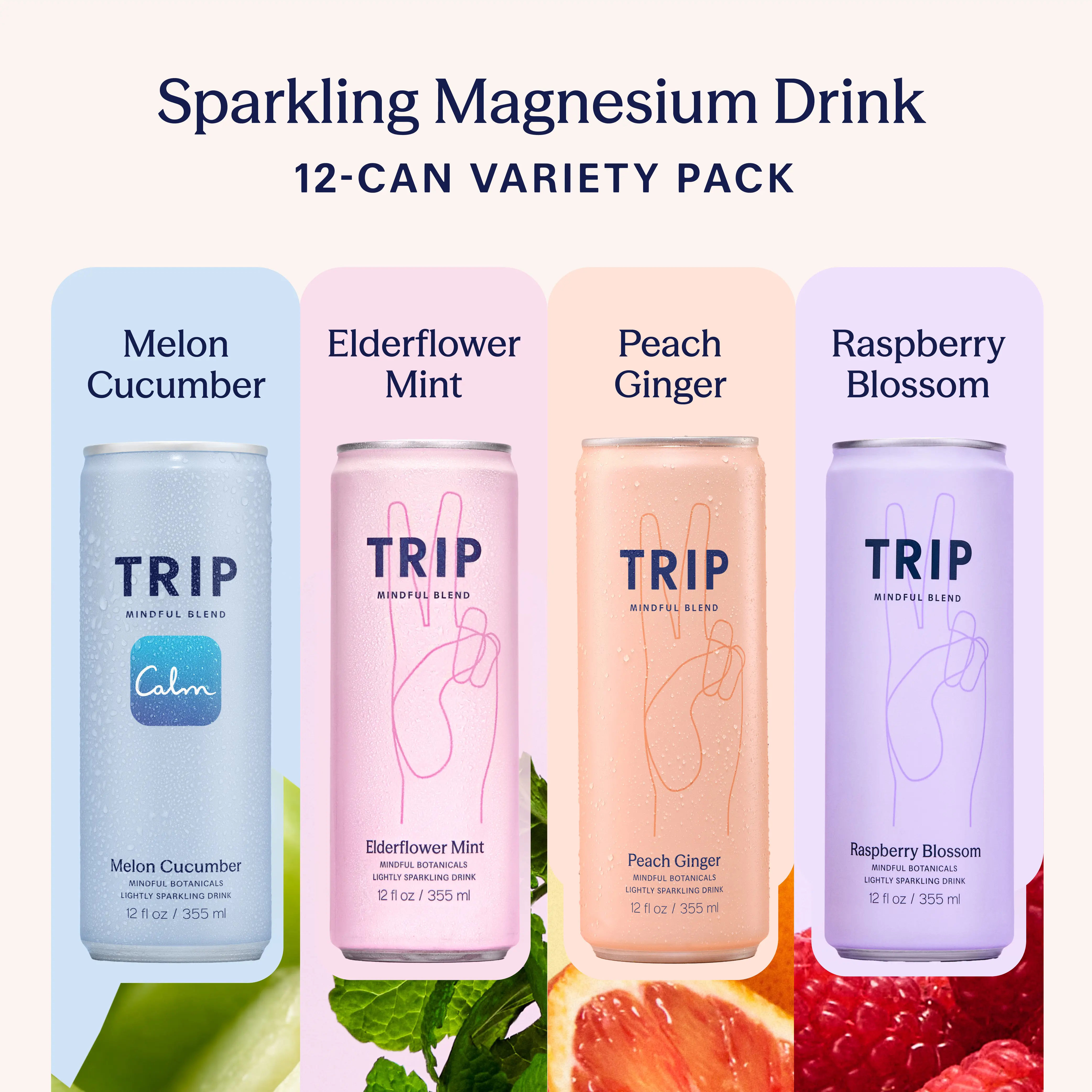 TRIP Original Variety Pack Magnesium Sparkling Drink — 120mg Magnesium, Ashwagandha, Lion's Mane, L-Theanine, Non-Alcoholic, No Added Sugar, Vegan (12-Pack, 12oz)