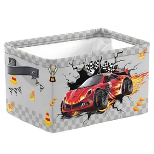 Gray Sports 3D Racing Car Storage Basket, Racing Flag Monster Truck Toy Bookshelf Basket Large Rectangular Foldable Dirty Clothes Storage Basket