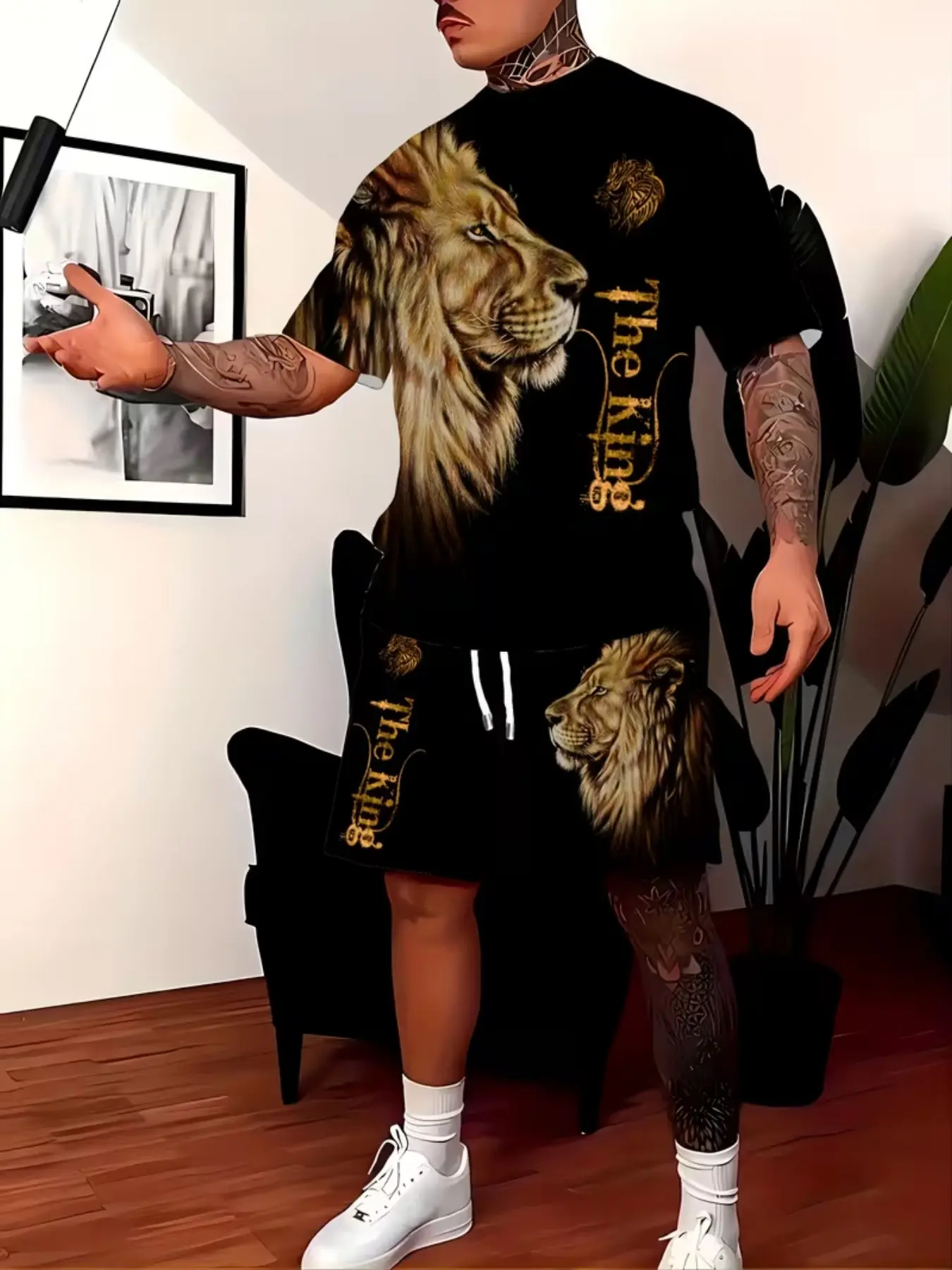 Men's 3D Lion Graphic Print Casual Menswear Two-Piece Set, Short Sleeve T-Shirt + Shorts, Breathable Polyester, Ideal for Daily Wear