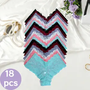 QQ 18-piece Women's Trendy Lace Underwear - Multiple Colors, Stylish Geometric Lace Patterns, Cooling Style with Breathable Mesh Panels, Suitable for Daily Outings and Beach Trips