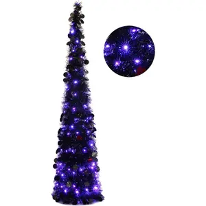Halloween 5FT Pop Up Artificial Black Tree with 100 Lights for Halloween and Holiday Home Decor Black