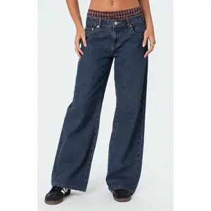 Edikted Women's Plaid Boxer Detail Relaxed Jeans